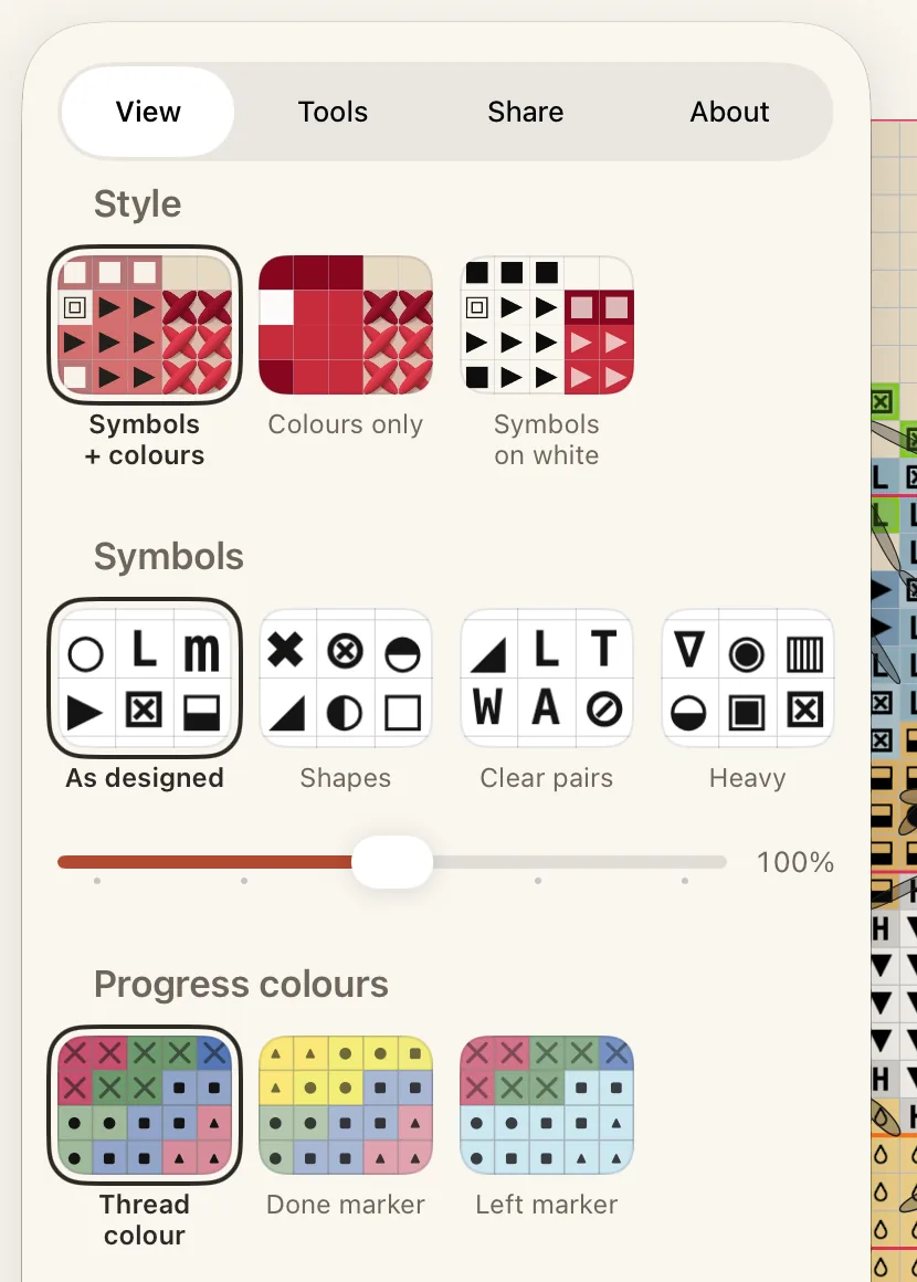 The Pattern panel on iPad, open on its View tab.