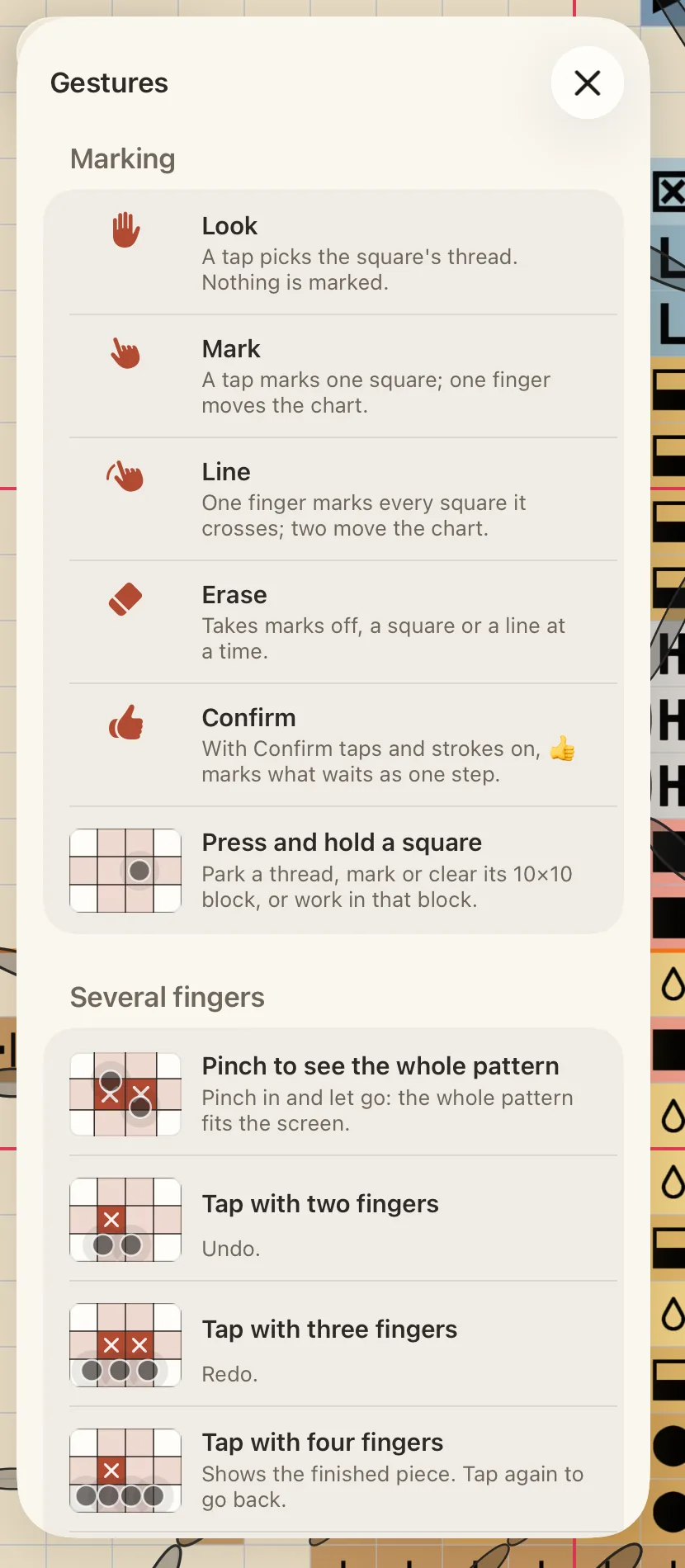 The Gestures list on the View tab of the Pattern panel.