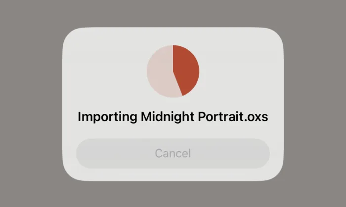 The import card on the shelf: Importing Midnight Portrait, with a progress pie and Cancel.