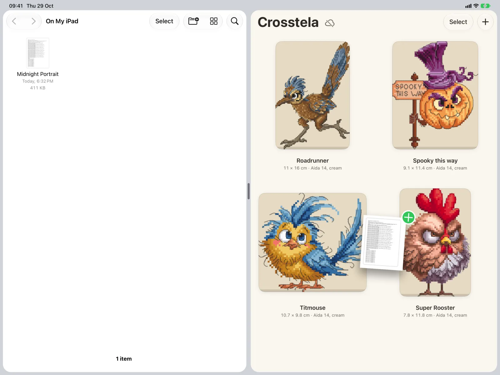 Files and Crosstela side by side on iPad; a pattern file is dragged from Files onto the shelf.