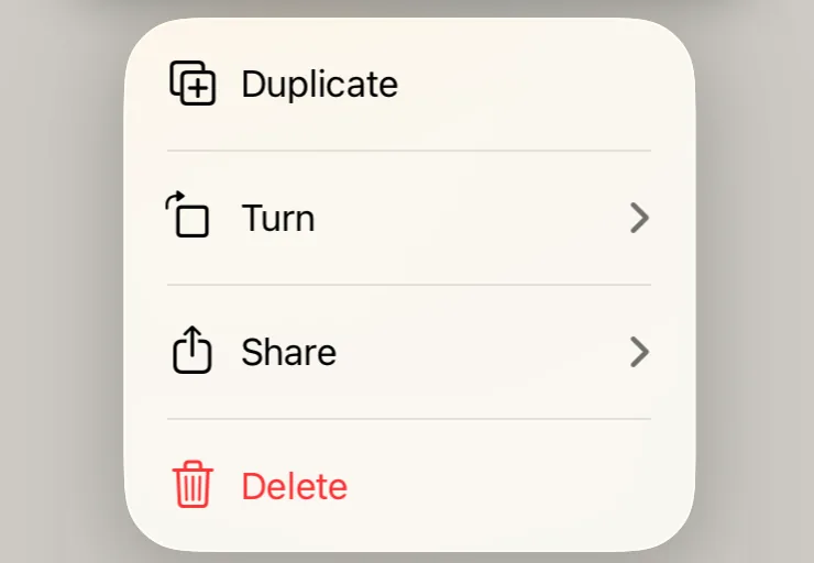 The menu of a pattern card: Duplicate, Turn, Share and Delete.