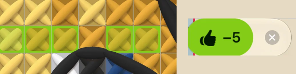 Five worked squares framed lime, waiting to be taken off, beside the lime 👍 −5 button.