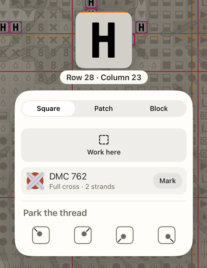 The menu of a held square on the Block tab, beside the lifted square: the buttons on top, the thread rows below, and How to stitch this line.