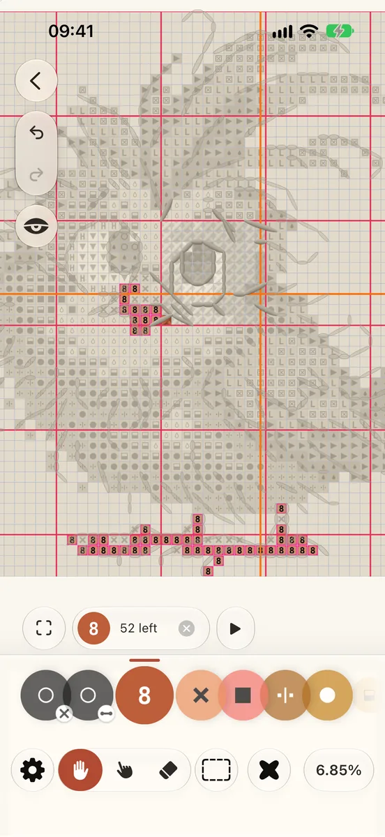 One colour chosen on iPhone: the other colours fade back, a capsule shows the thread, how many stitches are left, a ✕ and a play button, and the colour row sits below.