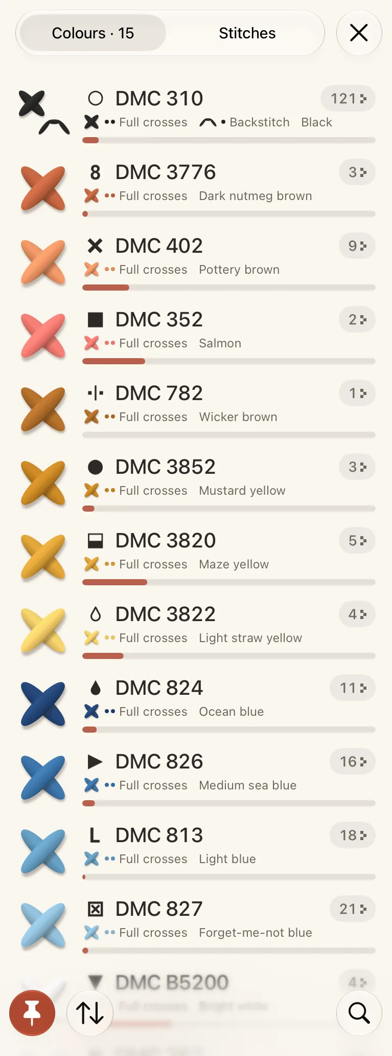 The Palette open beside the chart on iPad, listing each thread with its symbol, code, name and stitches left, with the pin, sort and search buttons.