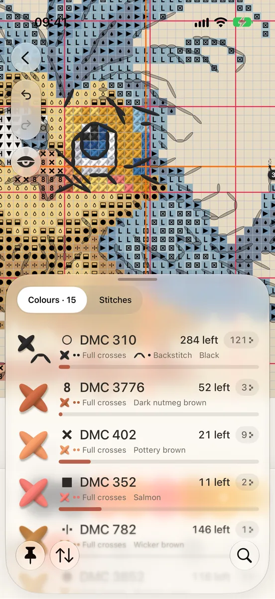 The Palette on iPhone, a sheet over the chart listing each thread with its symbol, code, name and how many stitches are left, with the pin, sort and search buttons at the foot.