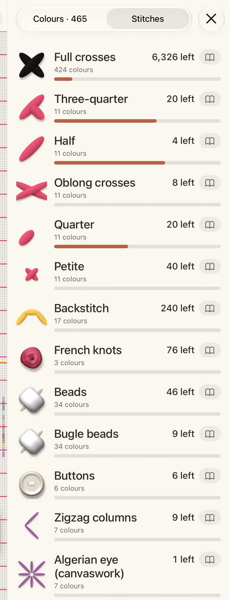 The Stitches tab of the Palette, with a row for each kind of stitch in the pattern and how many are left.