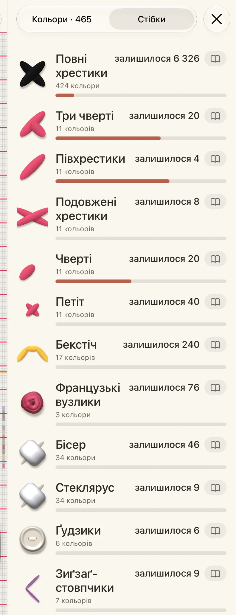 Вкладка «Стібки» в Палітрі: рядок для кожного виду стібків у схемі й скільки їх лишилося.