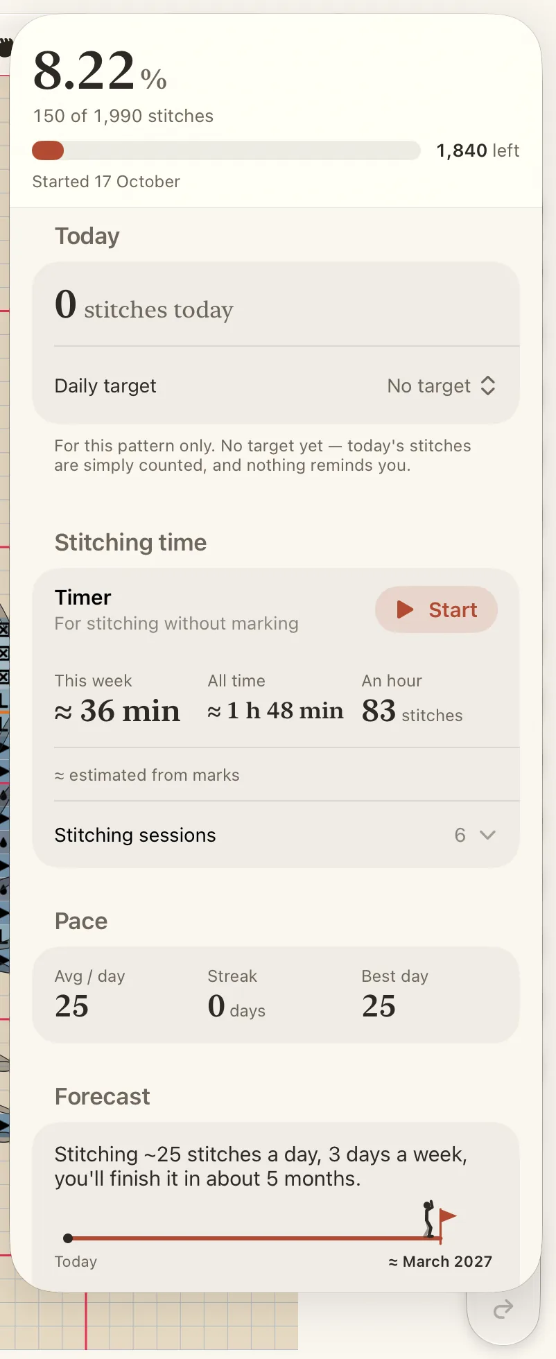 The Progress panel on iPad, with today's count, the daily target, the days and the forecast.