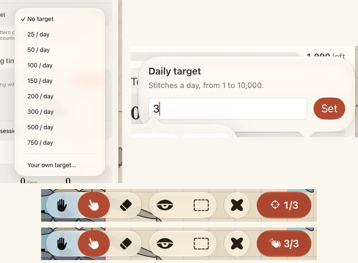 Four steps of the daily target: the target menu, your own target, the capsule on the bar and the target met.