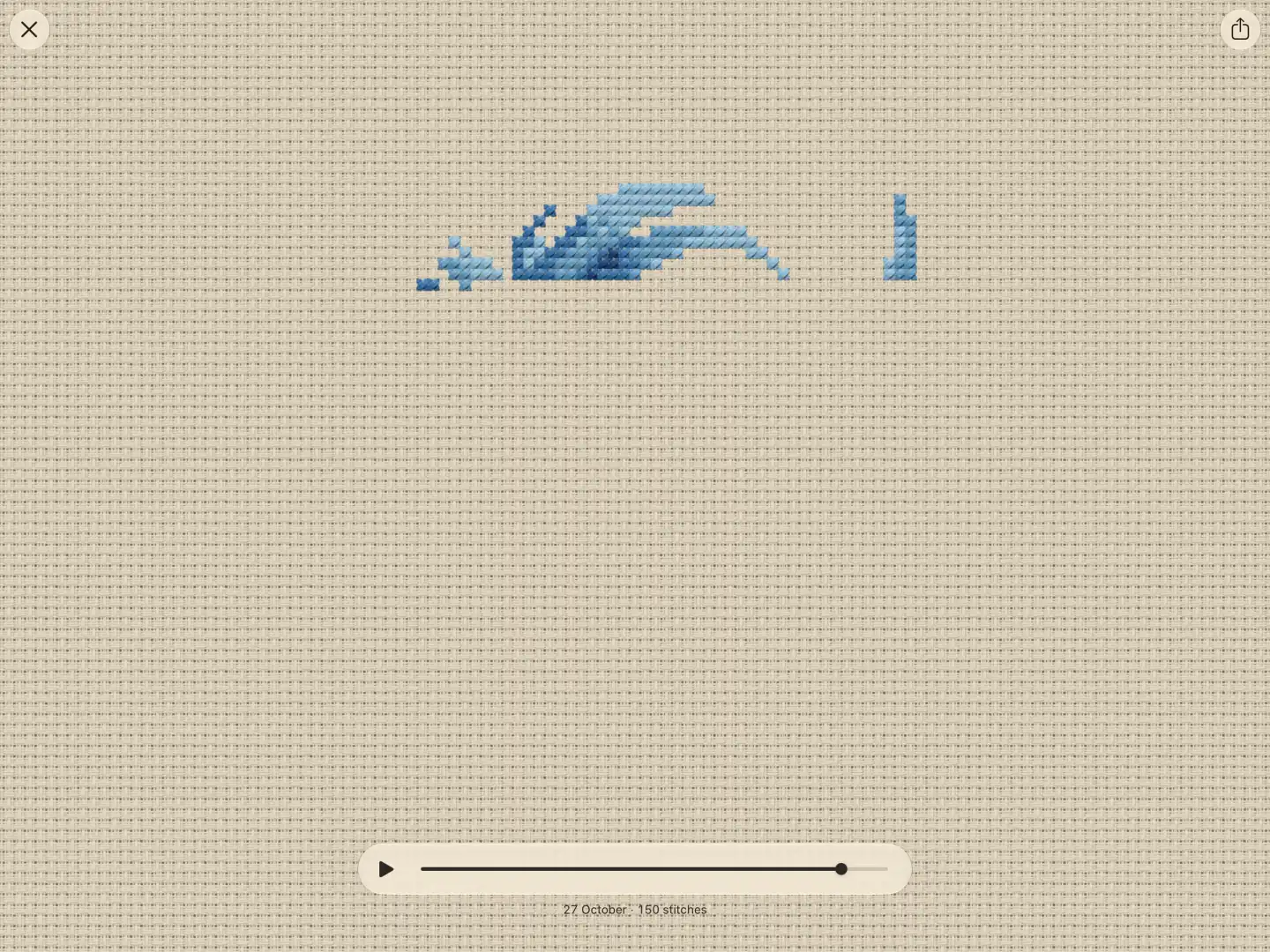 The time-lapse paused halfway, with the close and share buttons at the top and the player at the bottom.