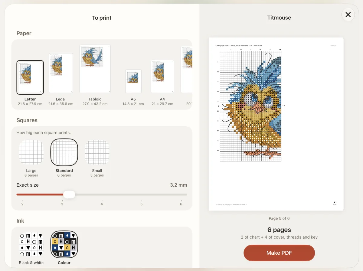 The card for the PDF for printing: paper sizes, square size, ink, a preview of the page and the Make PDF button.