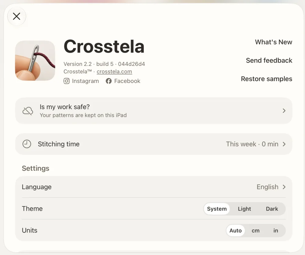 The Crosstela window opened from the shelf, with What’s New, Send feedback, Restore samples, Is my work safe? and the settings.