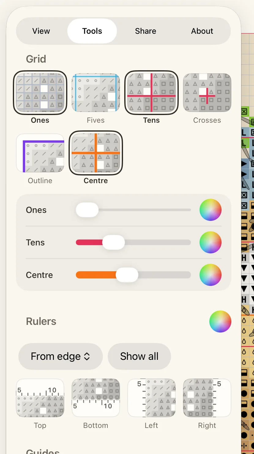 The Tools tab of the Pattern panel, with the grid choices and the rulers.