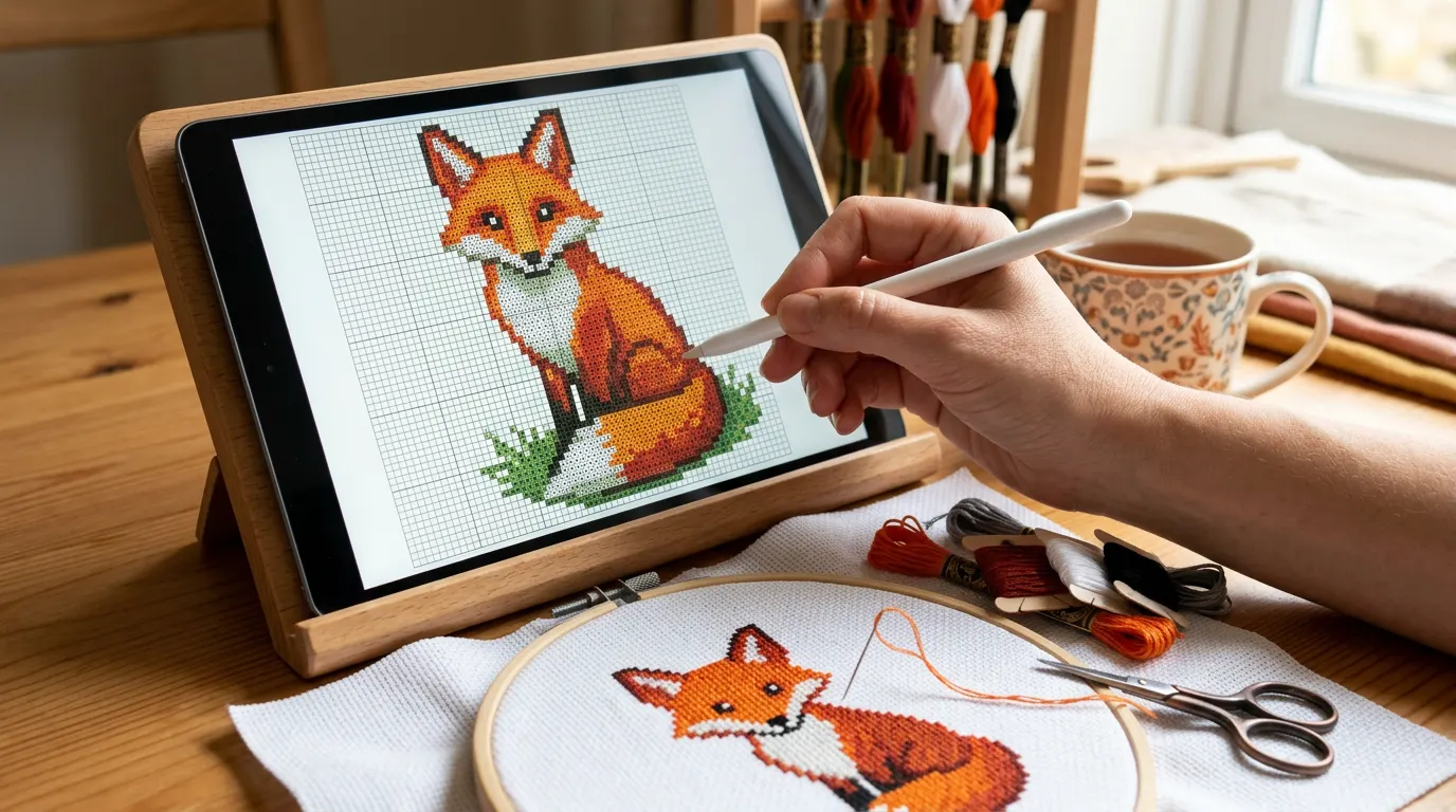 A tablet on a wooden stand shows a cross-stitch chart of a red fox; a hand touches it with a white stylus, and the half-stitched fox sits in a hoop in front.
