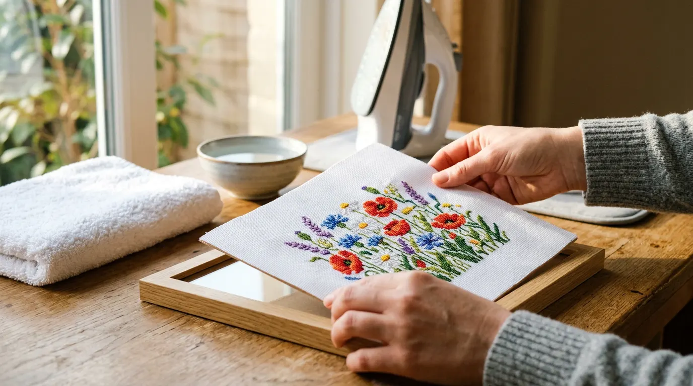 Hands lay a finished cross stitch of red poppies and blue cornflowers into a light wooden frame, with a folded white towel, a bowl of water and an iron nearby.