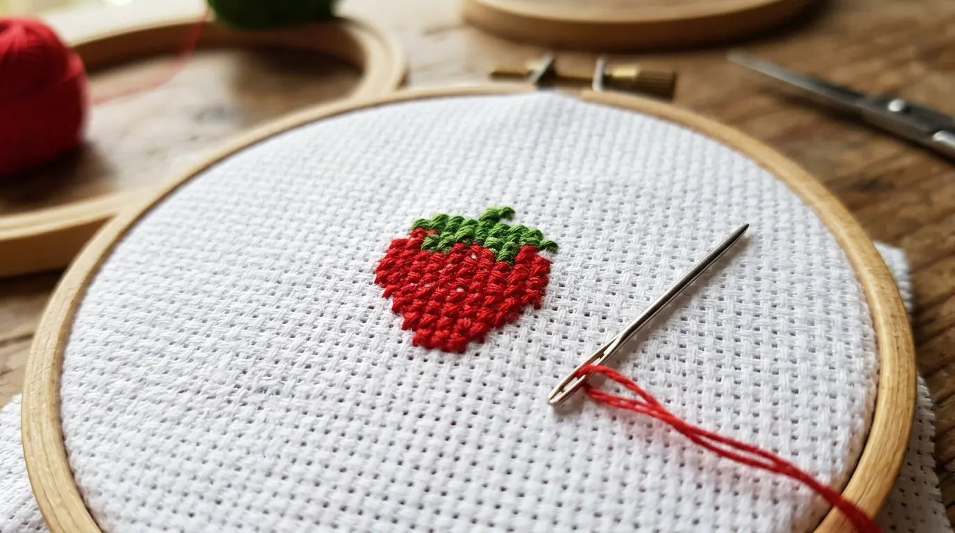 A small cross-stitched strawberry on white Aida in a wooden hoop, its rounded outline shaped with part stitches, and a threaded tapestry needle beside it.