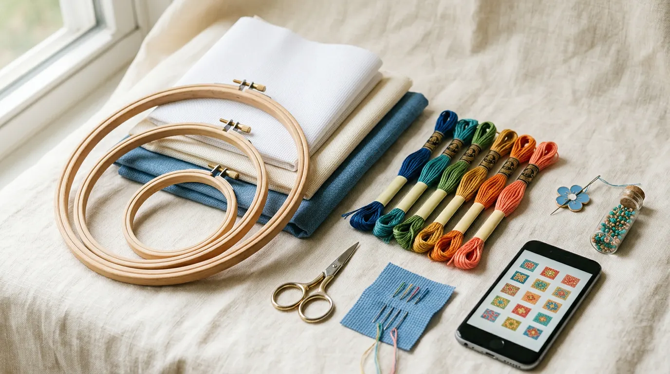 Cross-stitch materials laid out: folded Aida and evenweave in white, cream and blue, wooden hoops in three sizes, skeins of floss, needles and a phone showing a chart.