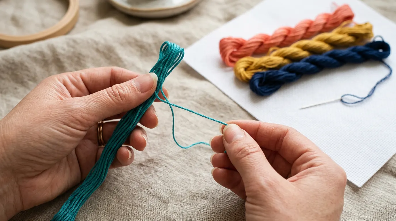 Two hands pull a single strand of teal embroidery floss out of a six-strand length, with coral, mustard and navy floss on white Aida beside them.