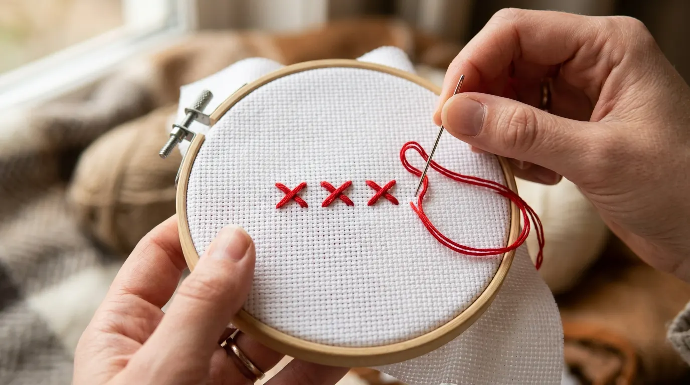 Hands hold a small wooden hoop of white Aida with three red cross stitches in a row, while a needle with a loop of red floss comes up for the next stitch.