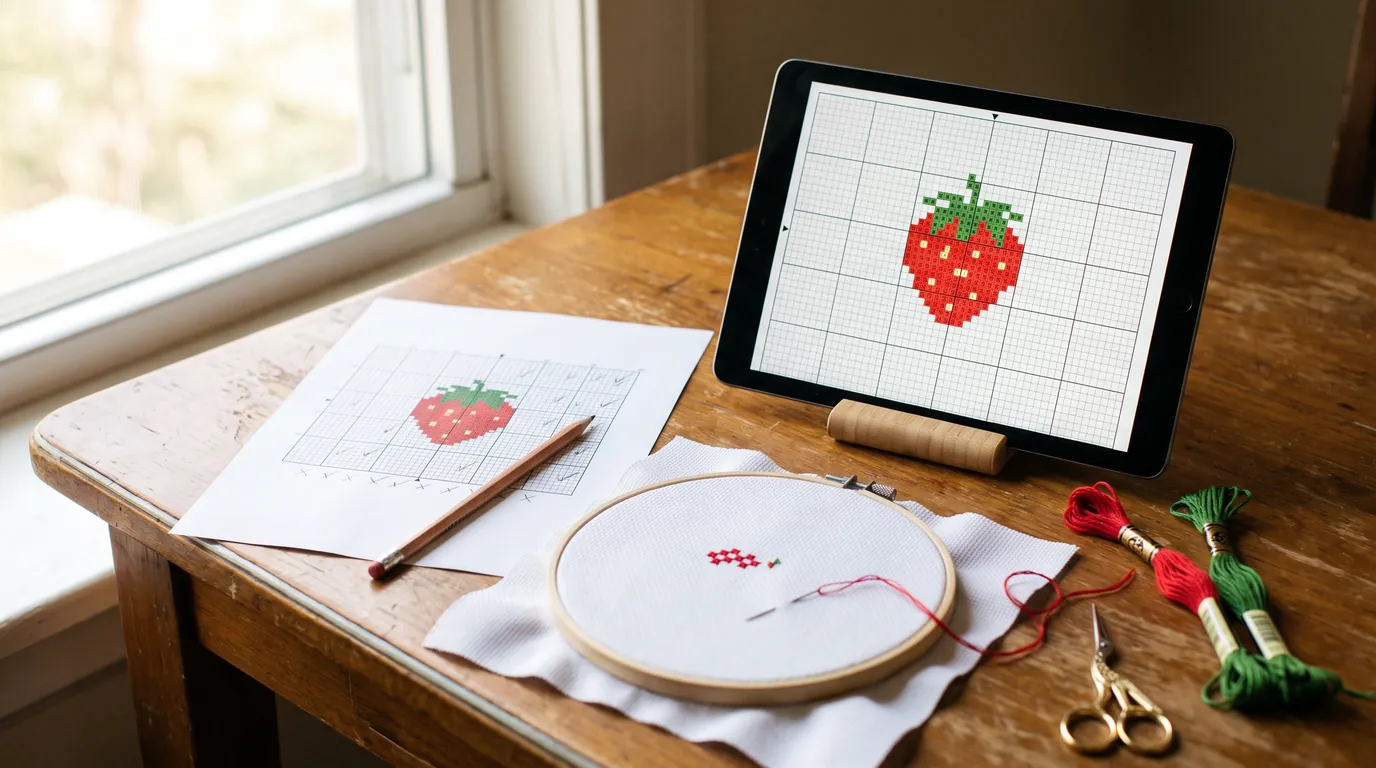 A printed strawberry chart with a pencil beside it and a tablet on a stand showing the same chart, with a small hoop, floss and gold scissors on a wooden table by a window.