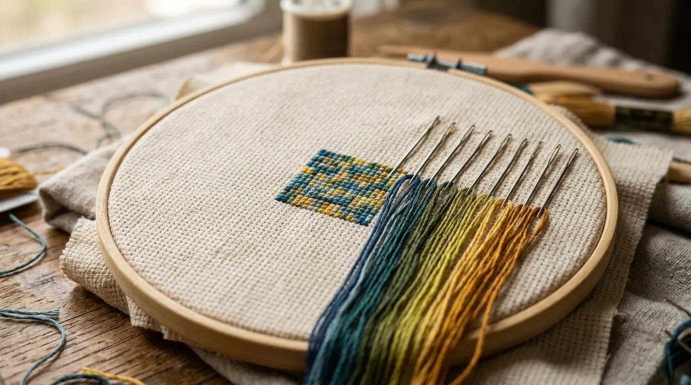 Aida in a hoop with a small stitched block and a row of threaded needles parked just beyond it, in shades of blue, green and gold.