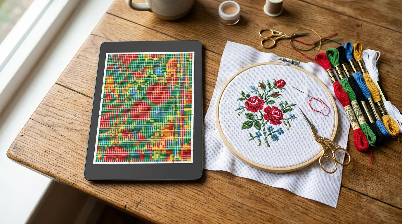 A tablet showing a colourful floral cross-stitch chart beside a hoop with red roses stitched on white Aida, skeins of floss and gold stork scissors.