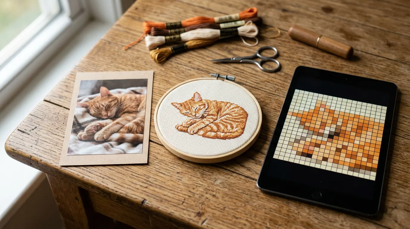 A photo of a sleeping ginger cat, the same cat stitched in a hoop, and a tablet showing it as a grid of coloured squares.