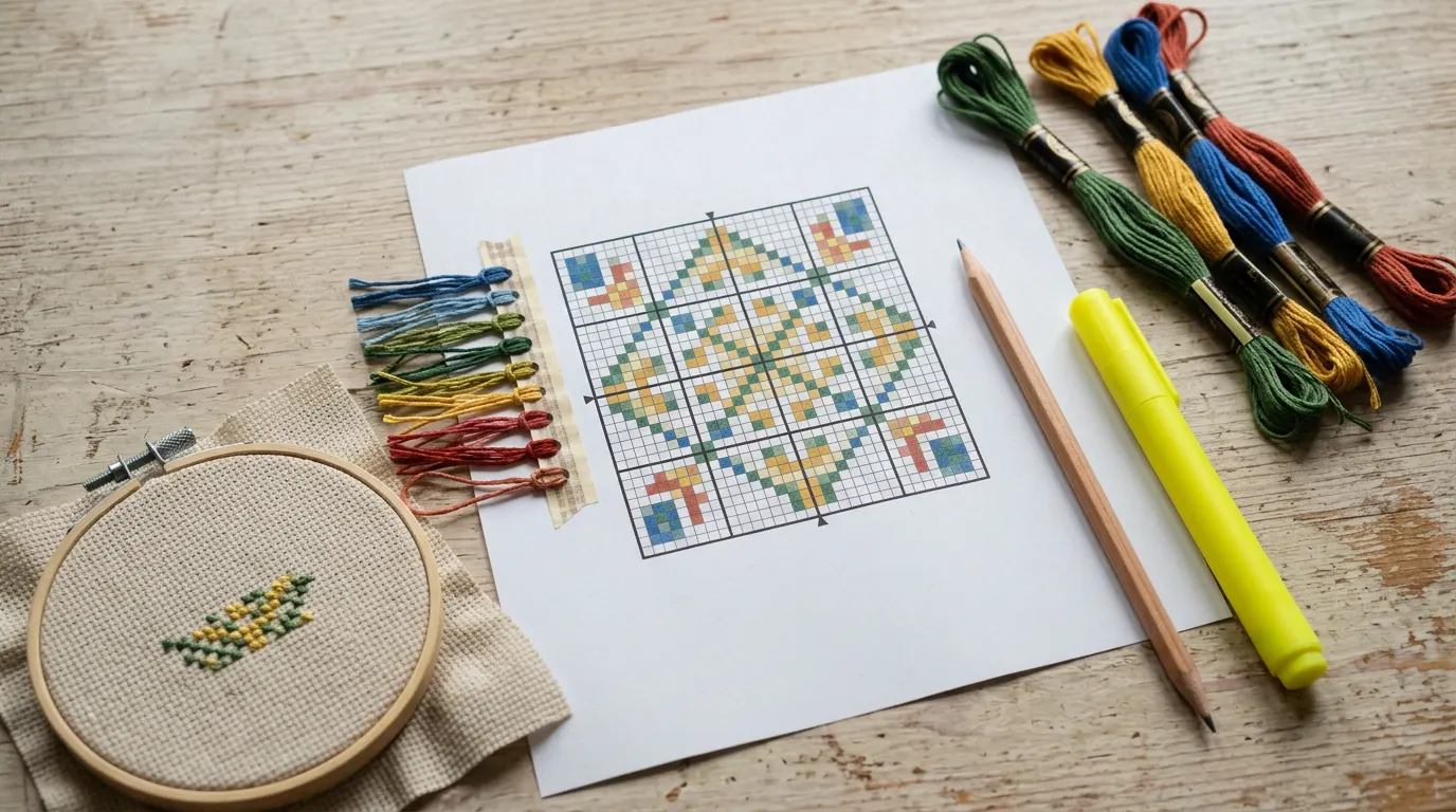 A printed cross-stitch chart with bold lines every ten squares, a strip of floss samples, a pencil, a highlighter and a hoop with the first stitches.