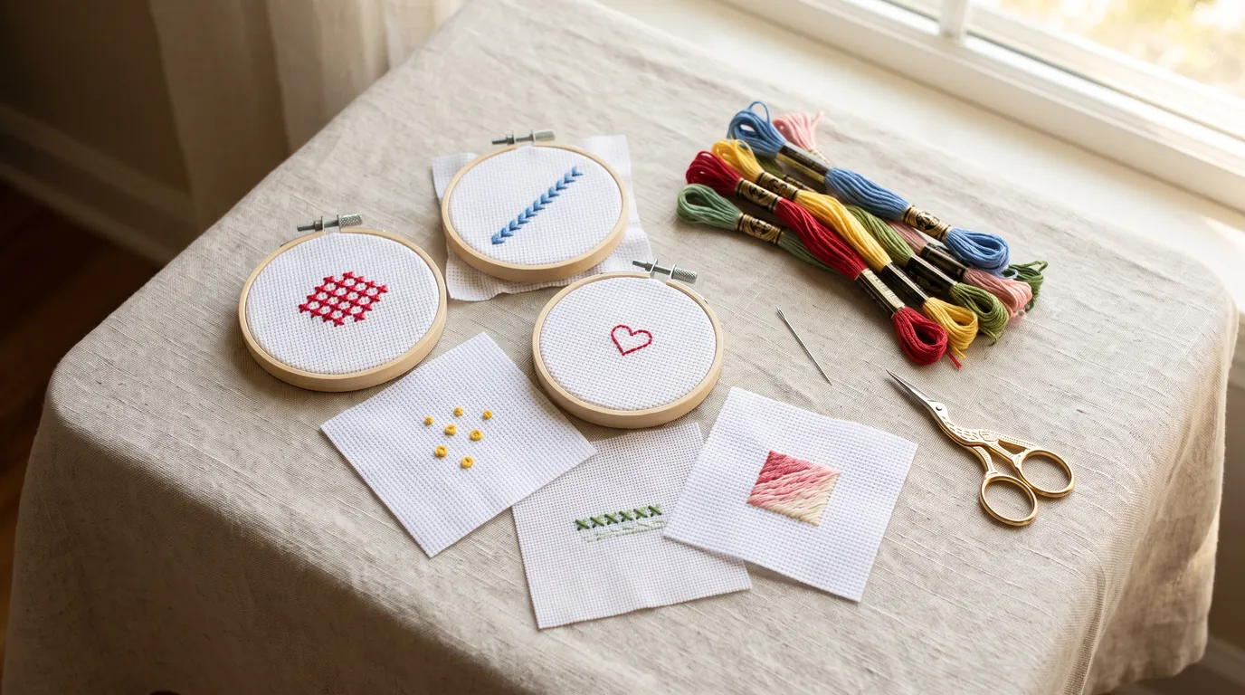 Three small hoops and three loose squares of white Aida on a linen cloth, each showing a different stitch in coloured floss: red crosses, a blue braid-like row, a backstitched heart, yellow knots, green crosses and a pink patch; skeins, a needle and gold scissors lie beside them.
